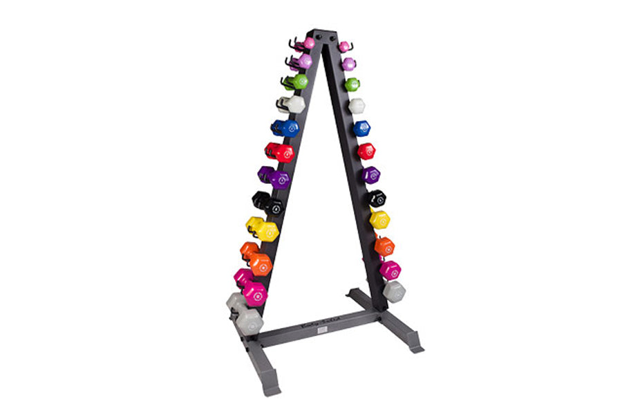 Warrior 12-pair vertical dumbbell tree rack with colorful dumbbells in pink, purple, green, white, blue, red, black, yellow, 