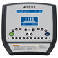 TRUE commercial recumbent exercise bike with digital display showing time, distance, and heart rate graph, control buttons in