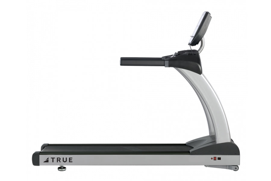 TRUE commercial treadmill with gray frame, black running deck, and digital display console on white background