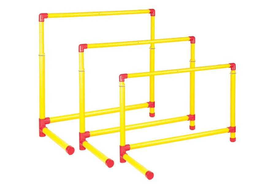 Three yellow and red adjustable hurdles in graduated sizes on white background