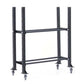 Black metal 2-tier storage rack with four vertical posts, horizontal support bars, and locking casters, on white background