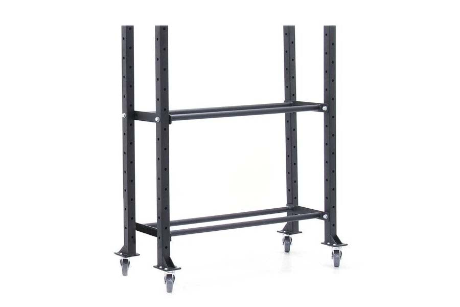 Black metal 2-tier storage rack with four vertical posts, horizontal support bars, and locking casters, on white background