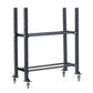 Black steel storage rack with two shelves, four vertical posts with adjustment holes, and caster wheels, on white background