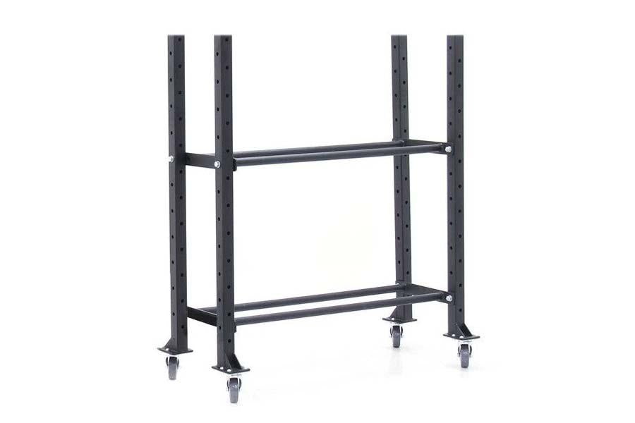 Black steel storage rack with two shelves, four vertical posts with adjustment holes, and caster wheels, on white background
