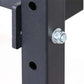 Dark gray metal storage rack post with mounting holes and chrome bolt fastener, detail view
