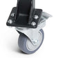 Swivel caster wheel with black mounting plate, gray rubber tire, and silver metal hardware on white background