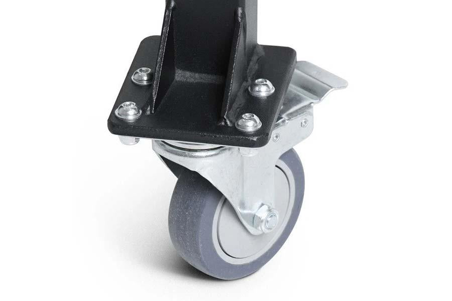 Black and silver swivel caster wheel with mounting bracket on white background