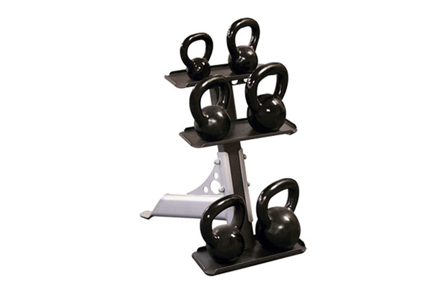 Black kettlebell rack with three tiers holding five black kettlebells, white metal frame on white background