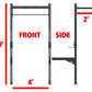 Black steel wall-mounted squat rack with dimensions marked: 9' height, 4' width, 2' depth, shown in front and side views