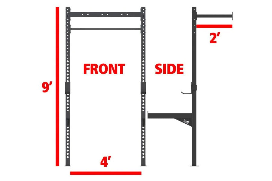Black steel wall-mounted squat rack with dimensions marked: 9' height, 4' width, 2' depth, shown in front and side views