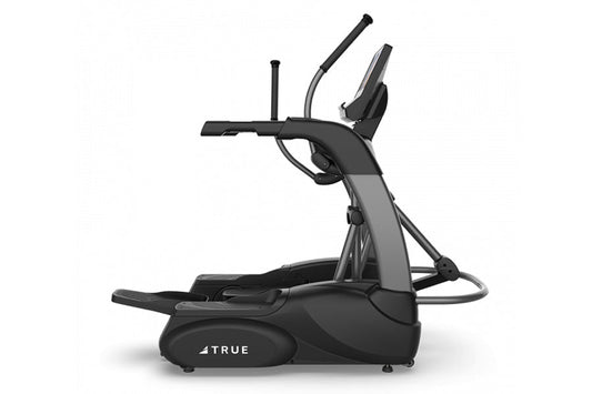 Black and gray commercial elliptical machine with dual handles, foot pedals, and digital console display on white background
