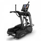 Black commercial elliptical machine with digital console display and adjustable handles, on white background