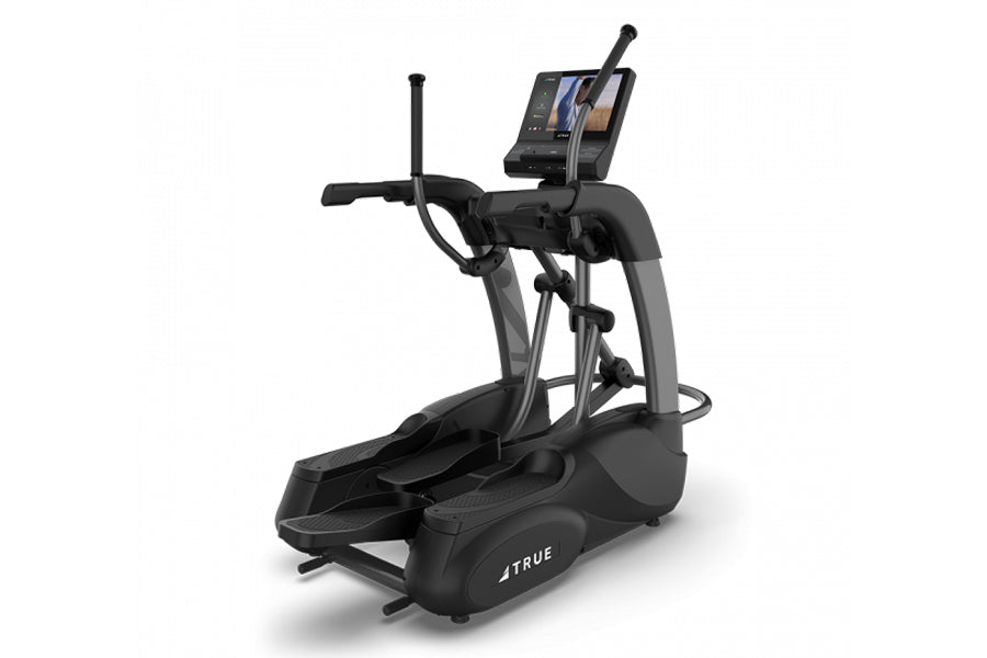 Black commercial elliptical machine with digital console display and adjustable handles, on white background