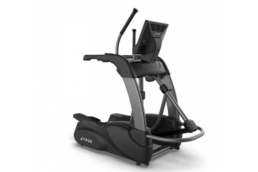 TRUE CS400 commercial elliptical with black and gray frame, dual handles, and digital console on white background