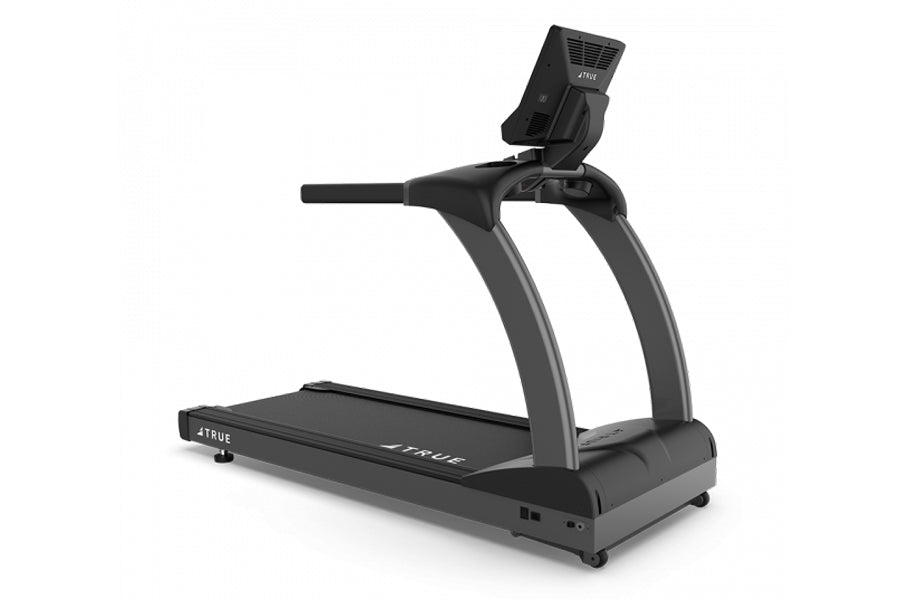 TRUE CS400 commercial treadmill with black and gray frame, digital console display, and handrails on white background