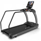 Black and gray True commercial treadmill with curved handrails, black running belt, digital display console mounted on top, o