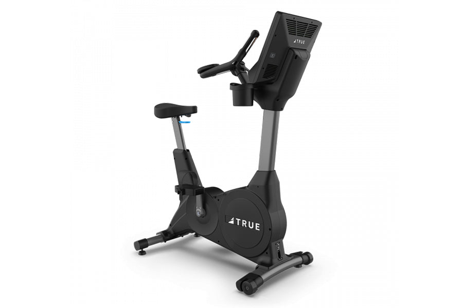 Black and gray TRUE CS400 upright stationary exercise bike with digital console and handlebars, on white background