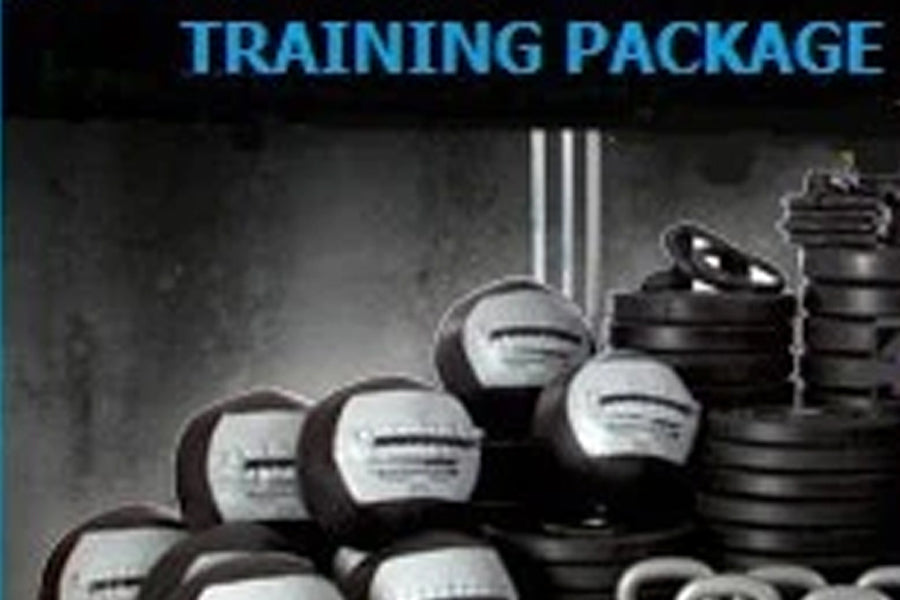 Warrior 5-person cross training package with medicine balls and weight plates on dark background