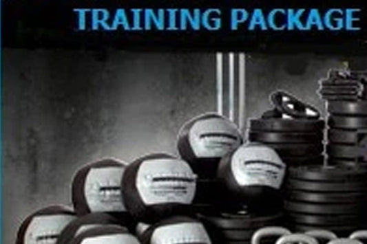 Warrior 5-person cross training package with medicine balls and weight plates on dark background