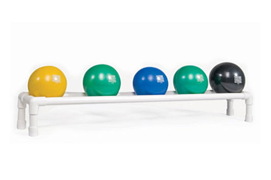Warrior 5 Ball Soft Touch Med Ball Rack holding yellow, green, blue, green, and black medicine balls on white background
