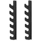 Pair of black metal 6-tier barbell weight plate storage racks with curved holders on white background