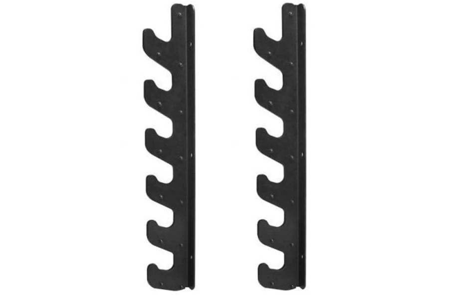 Pair of black metal 6-tier barbell weight plate storage racks with curved holders on white background