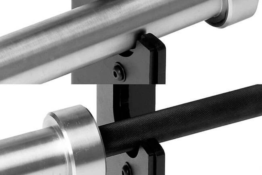Warrior 6-tier barbell gun rack with brushed silver steel bars and black mounting brackets on white background