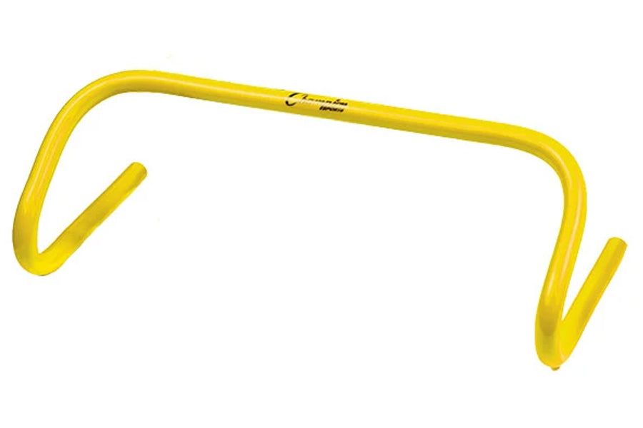 Bright yellow speed hurdle with curved legs, displayed on white background