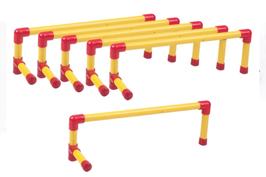 Yellow and red PVC hurdle set with five assembled hurdles and one disassembled frame, shown on white background