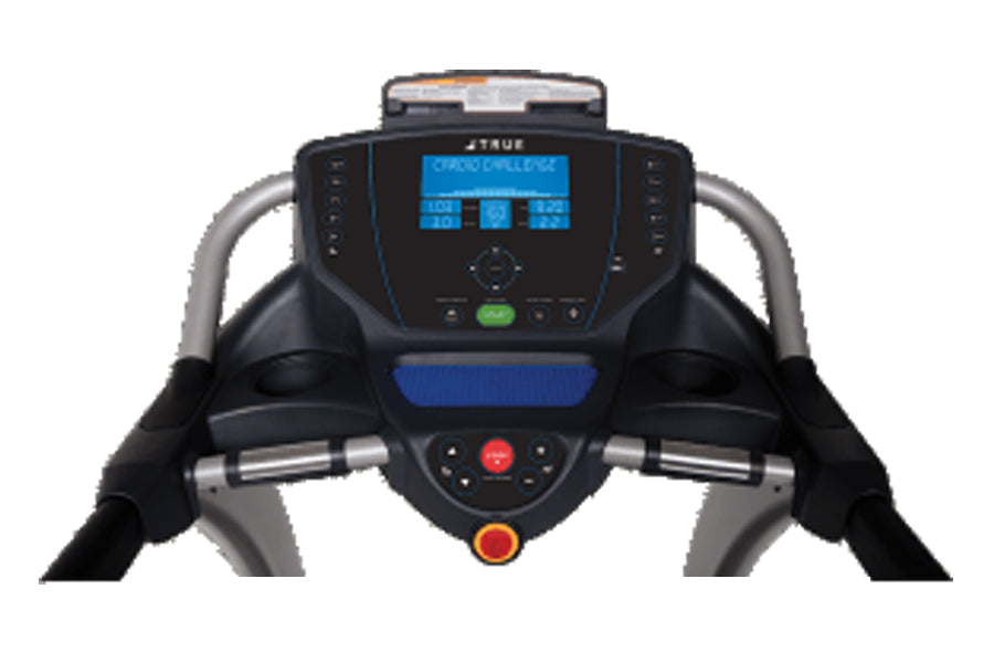Black and gray treadmill with blue digital display screen, gray handles, and control buttons, front view on white background