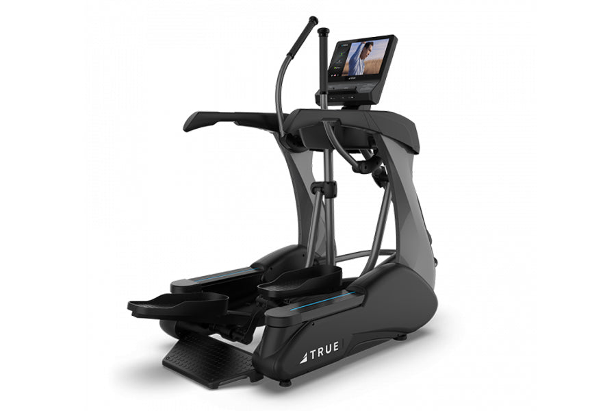 Black and gray TRUE commercial elliptical machine with digital display screen, dual handles, and foot pedals on white backgro