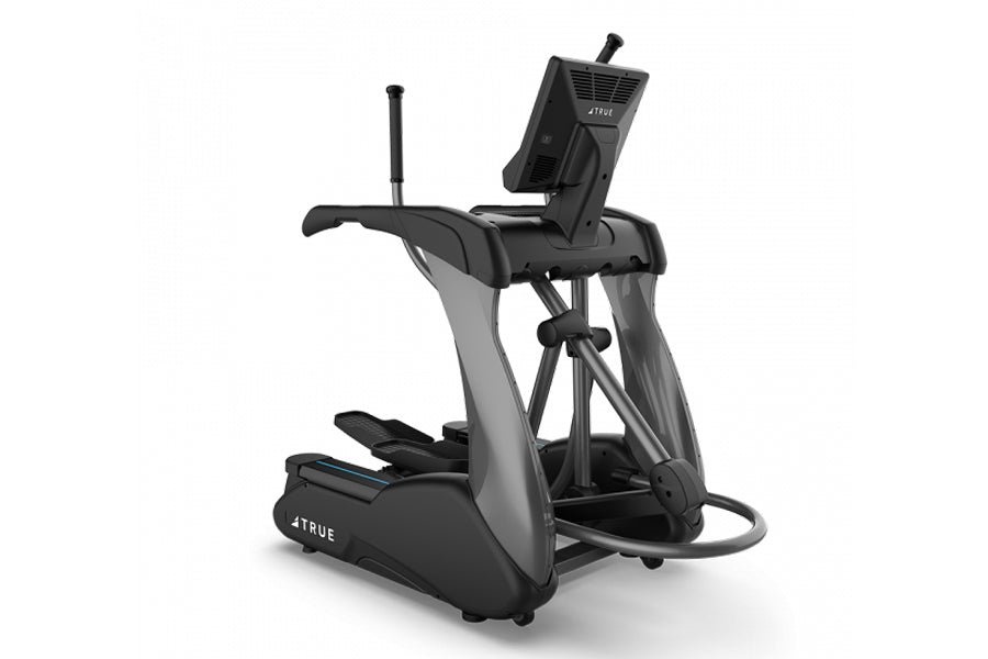TRUE CS900 commercial elliptical with black and gray frame, digital console, dual handlebars, and foot pedals on white backgr