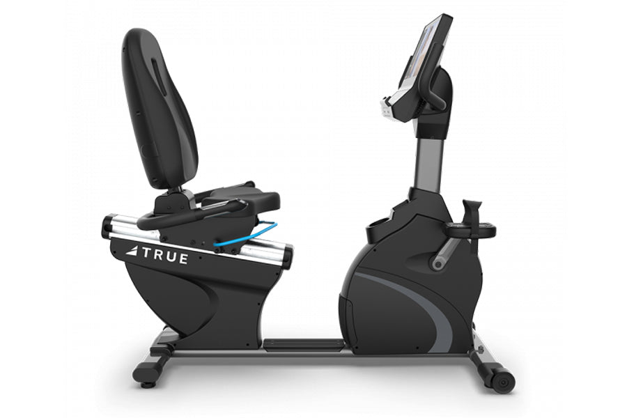 Black recumbent exercise bike with padded seat, gray accents, digital display console, and blue trim detail on white backgrou