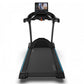 Black commercial treadmill with blue accent trim and digital display monitor mounted on console, front view on white backgrou