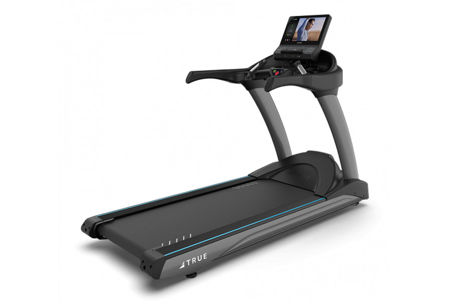 TRUE CS900 commercial treadmill with black running deck, gray frame, blue accent stripe, and digital display console on white