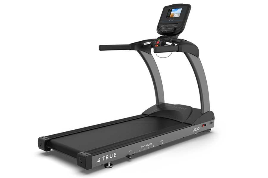 Black commercial treadmill with gray frame, digital display console, and cushioned running belt on white background