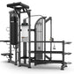 Black and silver multi-station gym equipment with punching bag, leg press, and cable machine on white background