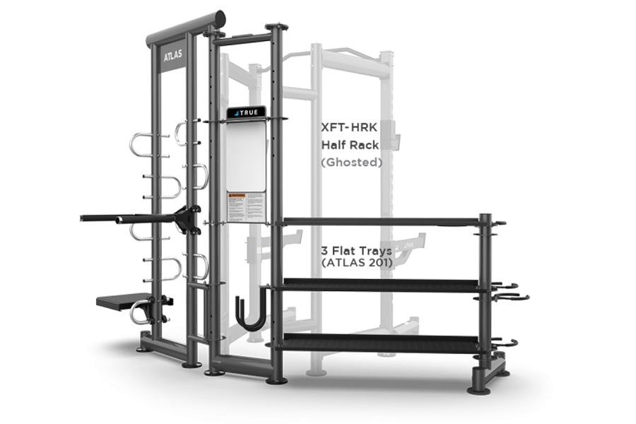 TRUE ATLAS 200 multi-functional strength training machine with cable column, lat pulldown, leg press, and three black flat tr