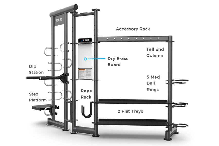 TRUE ATLAS 200 functional training rig with dip station, step platform, rope rack, dry erase board, accessory rack, tall end 