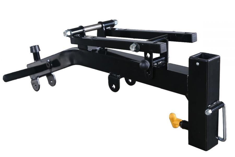 Black metal log splitter accessory adapter with adjustable arm, mounting bracket, and yellow control knob on white background