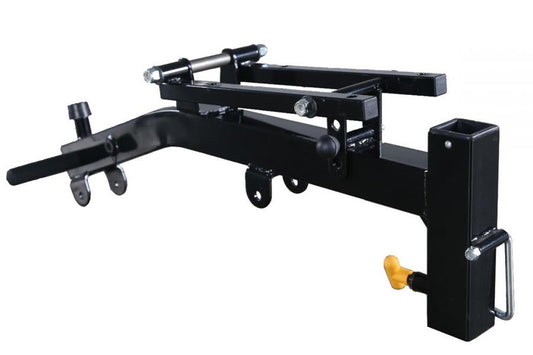 Black metal log splitter accessory adapter with adjustable arm, mounting bracket, and yellow control knob on white background