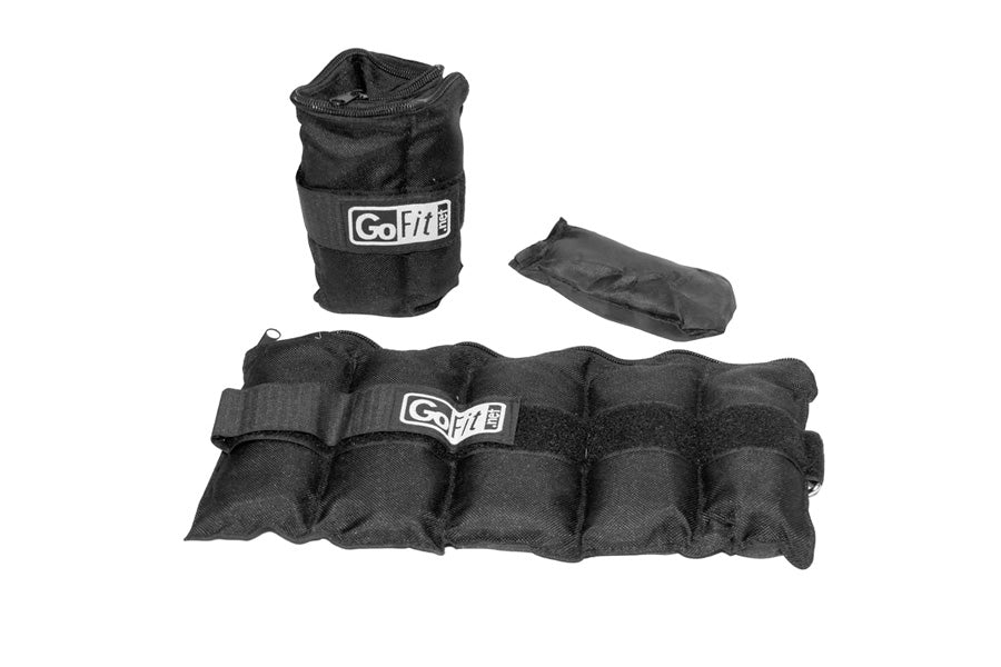 GoFit adjustable black ankle weights set with carrying pouch, flat lay on white background