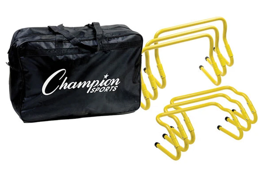 Champion Sports black nylon equipment bag with white logo next to six yellow adjustable speed hurdles on white background