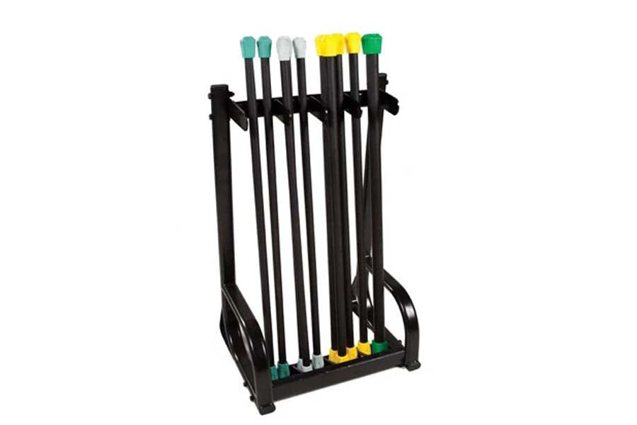 Warrior Aerobic Bar Vertical Storage Rack with multiple black bars and colored end caps in teal, gray, yellow, and green on w