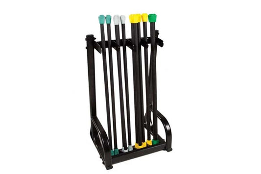 Warrior Aerobic Bar Vertical Storage Rack with multiple black bars and colored end caps in teal, gray, yellow, and green on w