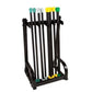 Black body bar storage rack with 10 bars featuring teal, gray, white, yellow and green padded ends, on white background