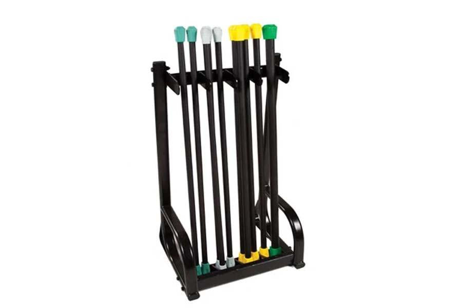 Black body bar storage rack with 10 bars featuring teal, gray, white, yellow and green padded ends, on white background