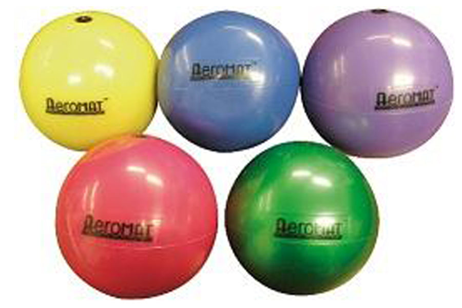 Five colorful mini weight balls in yellow, blue, purple, red, and green with Aeromat branding, arranged on white background