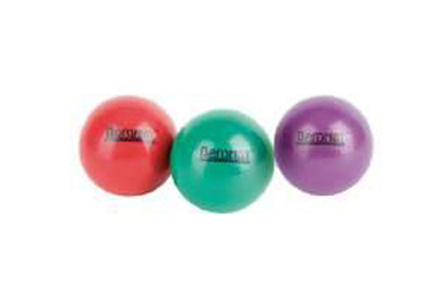 Three Aeromat mini weight balls in red, green, and purple on white background