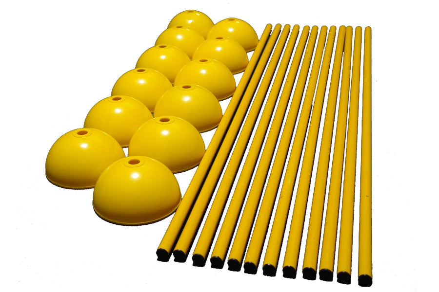 Yellow slalom training set with dome cones and poles on white background